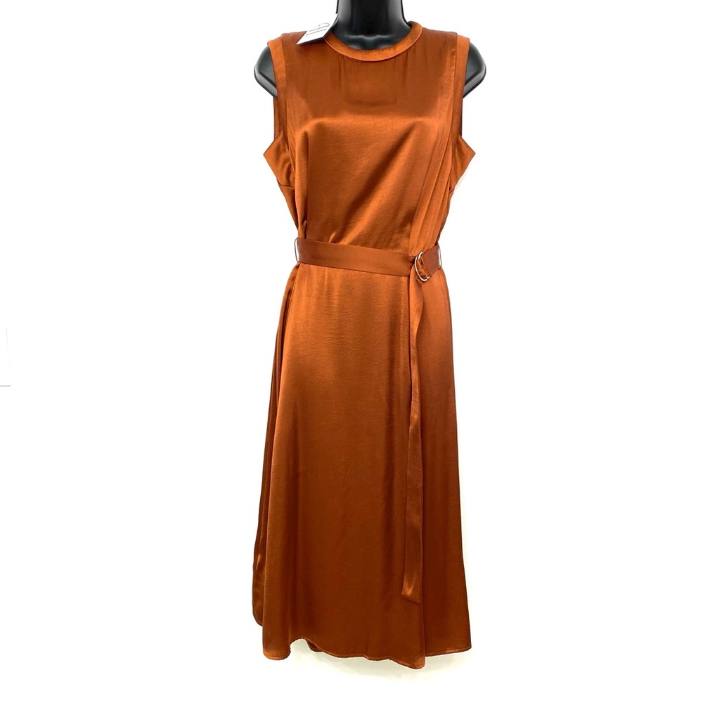 Mango Satin Midi Dress Bronze Wedding Guest High Neck Sleeveless Size M NWT - Picture 2 of 16